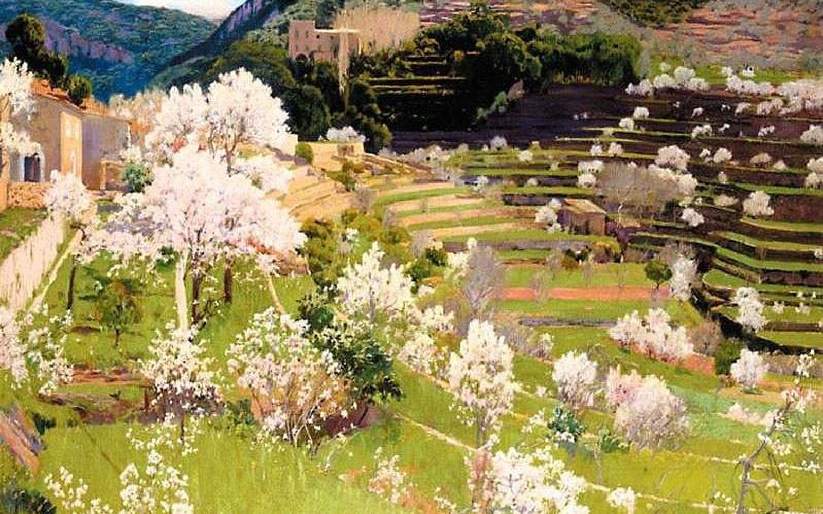 Painted terraced hillside with blossoming almond trees and a stone tower above the valley